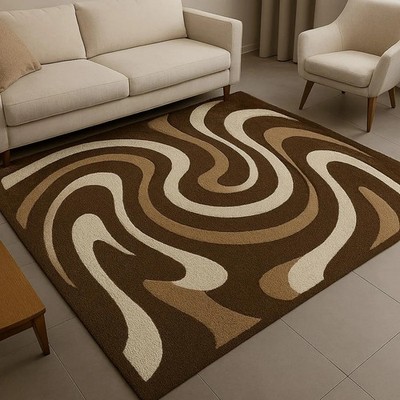 Modern Abstract Swirl Rug in Brown, Beige & Cream   Hand-Tufted NZ Wool