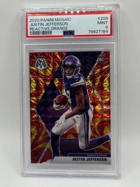 2020 JUSTIN JEFFERSON PANINI MOSAIC REACTIVE ORANGE ROOKIE CARD #209 PSA 9 MINT