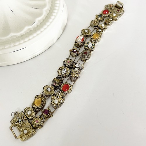 Vintage Victorian Revival Double Slide Charm Bracelet Gold Tone Jeweled Cameo