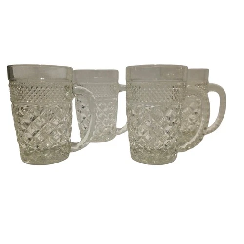 Vtg Anchor Hocking Wexford Clear Glass Mug 4 Piece Set Handled Tall 14 oz Heavy