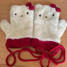 Hello Kitty fleece mittens, cream and red, knit cuffs, used