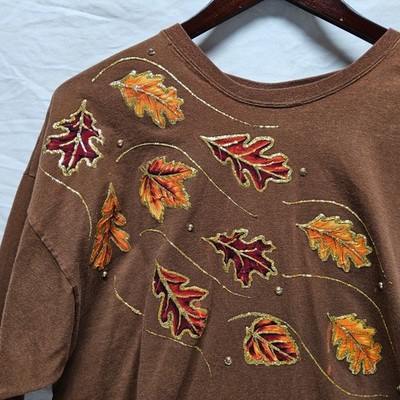 Vintage Decosport Fall Leaves Tee Womens Plus 2X Size Brown Glitter Rhinestone