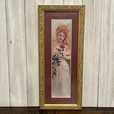 Vintage Ornate Gold Framed Victorian Woman Rose June’s Offering Print 11.25x4.75