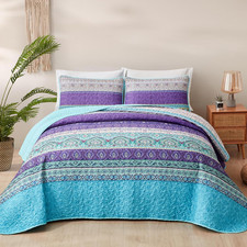 Bohemian Quilt Set King,Purple Teal Boho Quilt Coverlet 3Pcs Soft Microfiber Lig