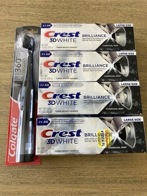 4 Crest 3D White Brilliance Charcoal Mint Whitening Toothpaste & Electric Brush!