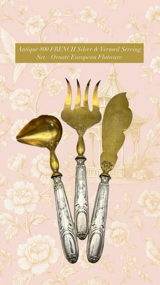 Antiguo Juego de Servir 800 FRANCESES Plata y Vermeil – Cubiertos Europeos Ornamentados Foto 4 de 4