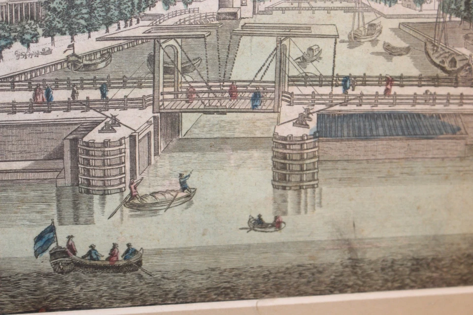 Amsterdam engraving artwork harbour view orig 18thC Handcolored many figures .  - Image 2 of 4