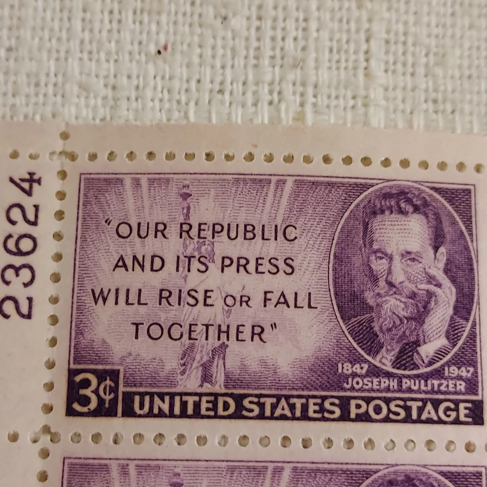 Stamps-4 stamp block-3 cent-Joseph Pulitzer-Block #23624-Scott #946 - Image 3 of 4