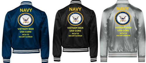 VIETNAM* USS CORE  ACV-13 *SI*VINYL*SATIN JACKET*NAVY OFFICIAL LICENSE - Picture 1 of 18