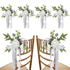 FQQWEE 6Pcs Wedding Aisle Chair Decorations White Rose Floral Wedding Chair B...
