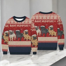 Bah Hum Pug Ugly Christmas Sweater for Dog Lovers, Funny Pug Xmas Top