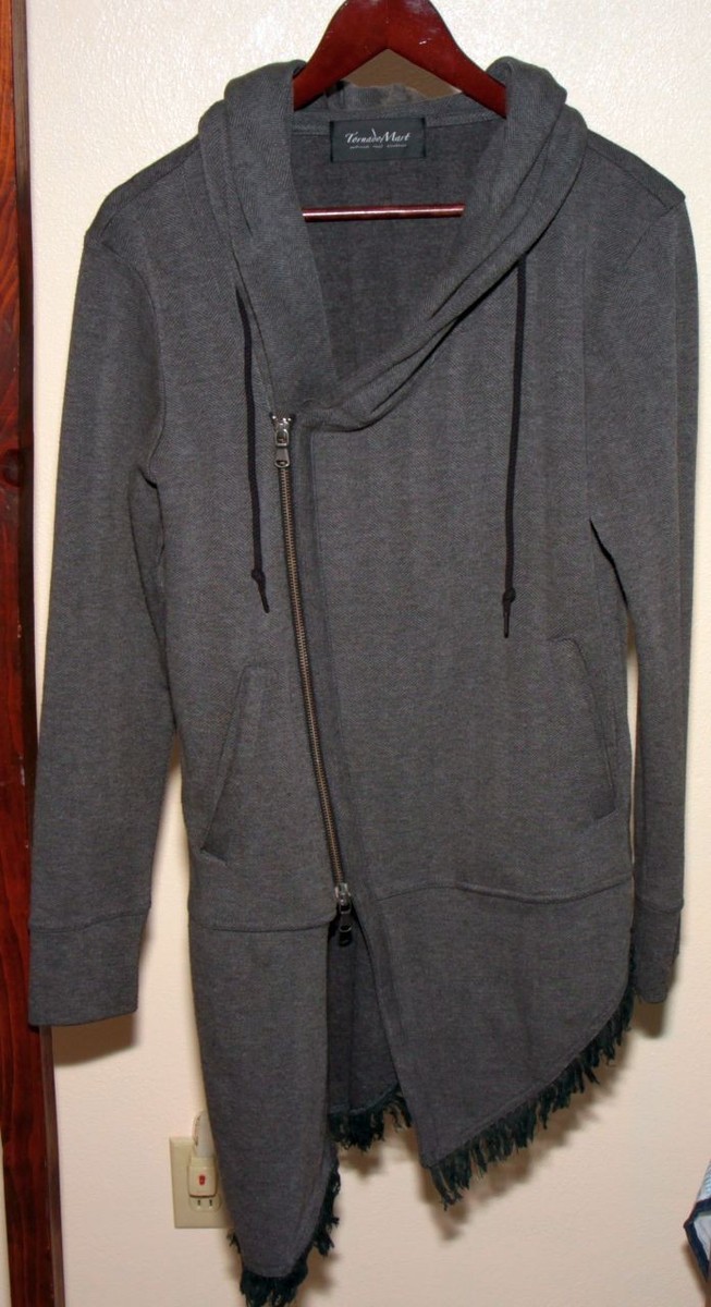 Tornado Mart Asymmetric Fringed Zip Long Hoodie Medium Gray