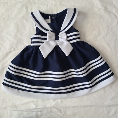 Bonnie Baby Sailor Dress Nautical Navy Blue White Bow Size 18m Tie Back Zipper