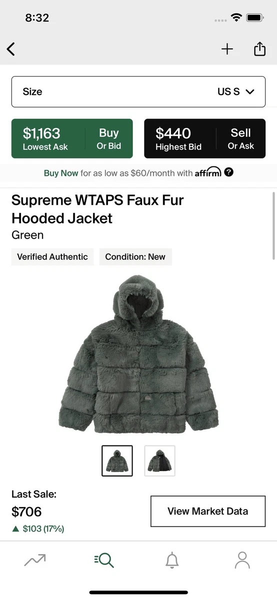 SUPREME/ WTAPS FAUX FUR HOODED JACKET GREEN/ SIZE SMALL (IN HAND