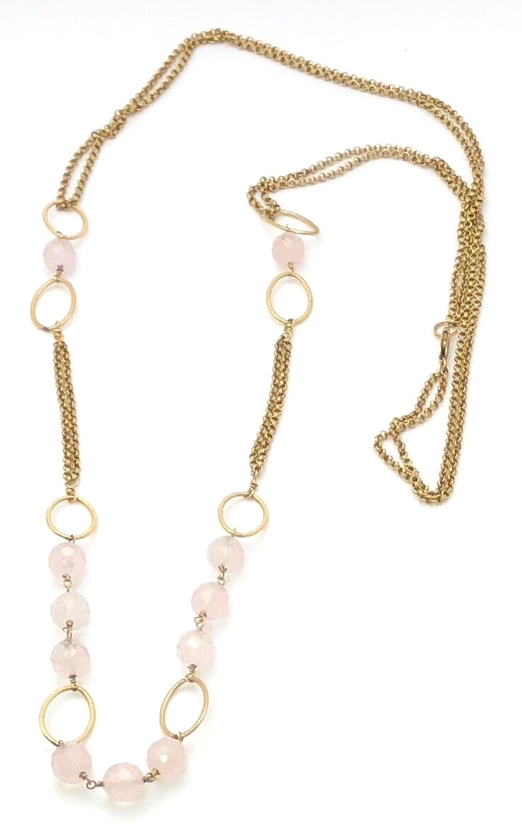 Rose Quartz Bead on Gold Chain Long Necklace