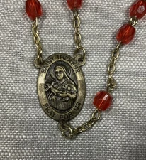 Vintage Rosary St Therese Of Lisieux Red Beads Christian H71