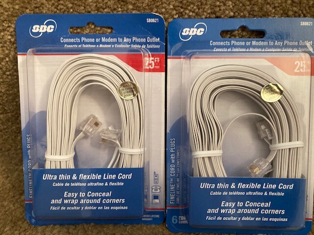 2 pkgs SBC 25' ft Landline cord connects phone or Modem to any phone outlet.