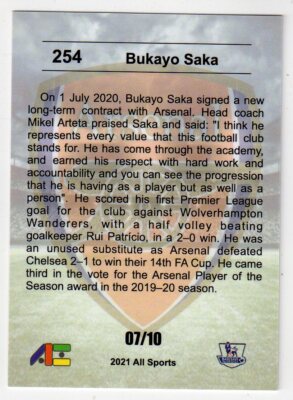 2020/21 BUKAYO SAKA ALL SPORTS GOLD PARALLEL ROOKIE #07/10 #254