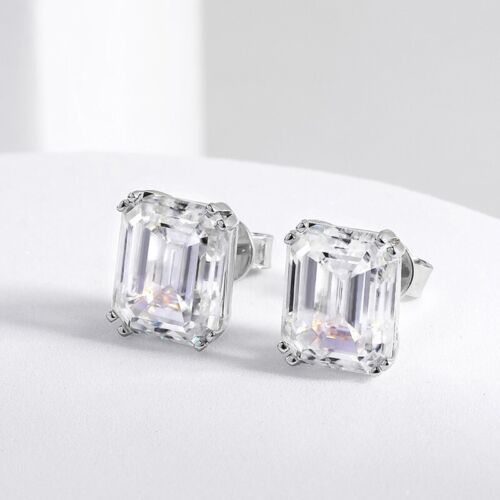 4ct D VVS1 Emerald Cut Moissanite Women's Stud Earrings 18K White Gold Plated - Picture 2 of 12