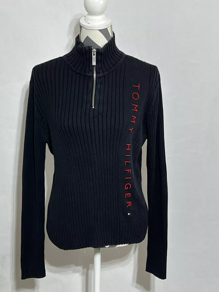Tommy Hilfiger Logo Ribbed Pullover 1 4 Zip Sweater Women L Long Sleeve 90s Blue