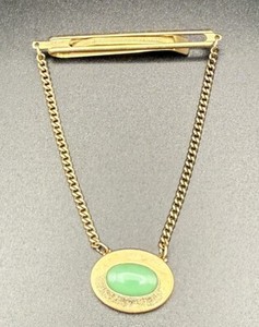 Authentic Vintage MCM Kreisler Gold Plated Green Stone Jade Tie Bar Clip and Chain H5