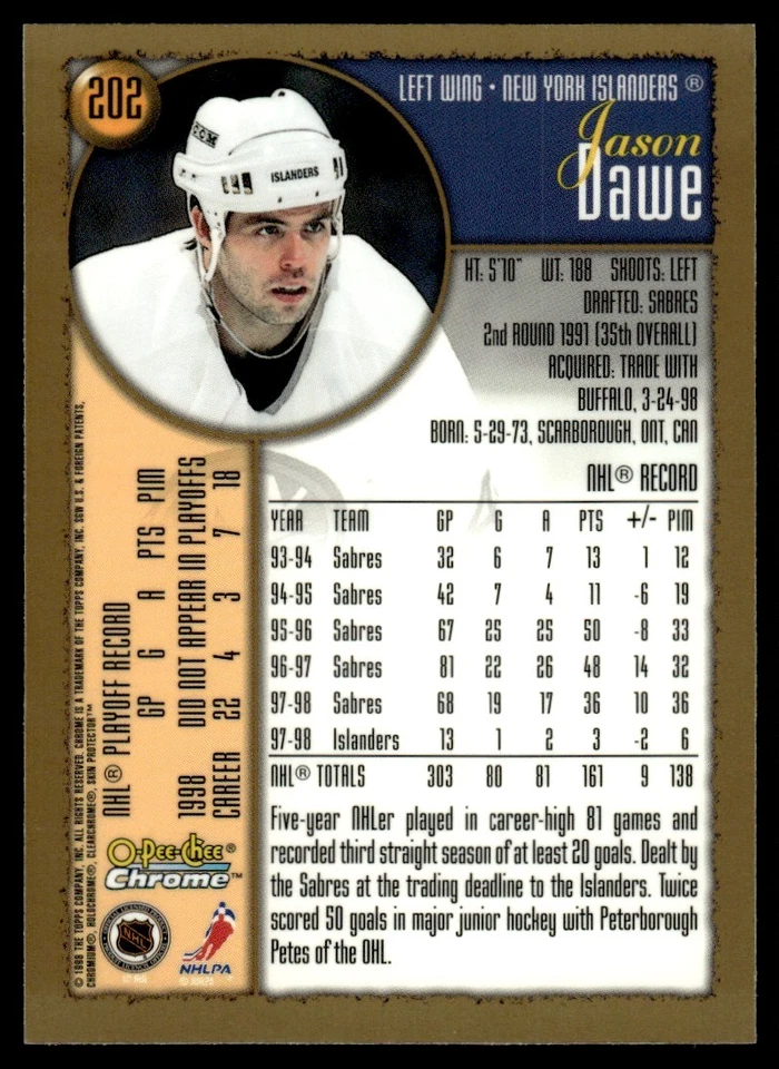 1998-99 O PEE CHEE CHROME Jason Dawe New York Islanders #202 - Image 2 of 2