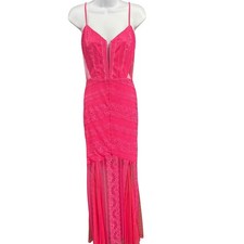 bebe Andie Sheer Striped Lace Gown Dress Hot Pink Size 10 Sleeveless Evening