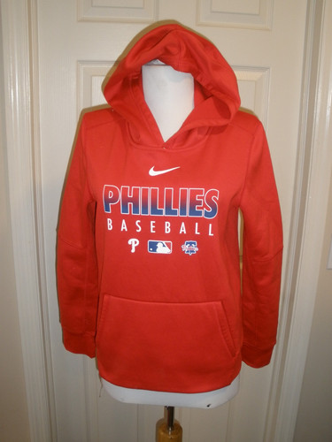 Youth Red Pull-over Hoodie Phillies M (10-12) Nike Baseball Dri-Fit (O99)