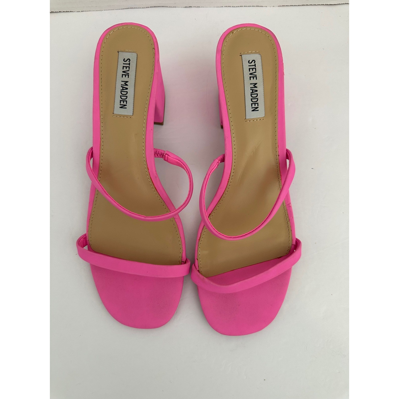Steve Madden Neon Pink Strappy Block Heel Sandals Square Toe Womens Slide Shoes