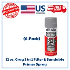 12 OZ AUTO PAINT SPRAY 2 In 1 Filler Sandable Primer Gray Rust Preventer 6 Pack