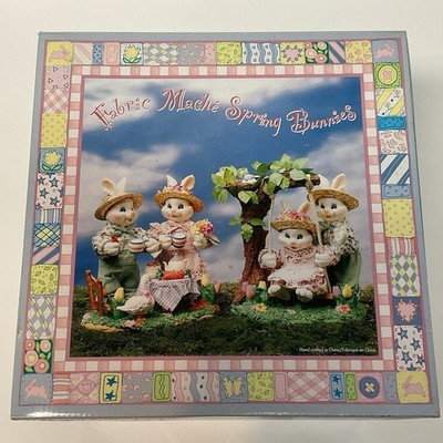 Easter Decorative Figurines Fabric Mache Spring Bunnies Hand Crafted  With Box 