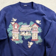 Vintage Morning Sun Navy Blue Birdhouse Graphic Crewneck Sweatshirt Crewneck LG