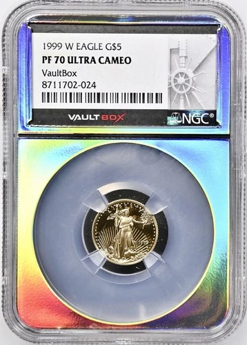 1999 W $5 AMERICAN 1/10 OZ GOLD EAGLE NGC PR70 ULTRA CAMEO - VAULTBOX HALO CORE