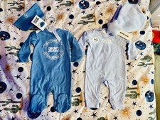 BNWT X2 Baby Boys DKNY JEANS Blue Sleepsuits 1 With Hat And 1 With Blanket 0-3M