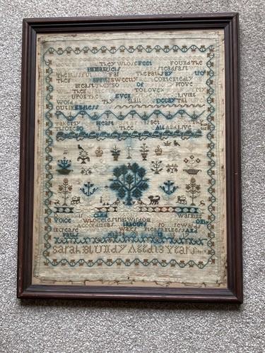Antique Embroidered Sampler very detailed Sarah Blundy 13 Years Georgian 1817?
