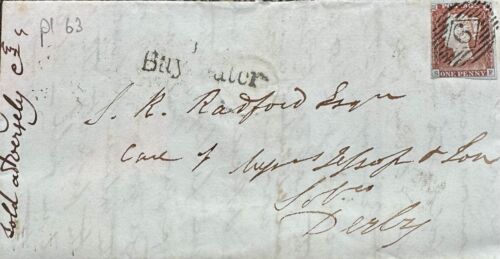 GB QV 1846 ENTIRE PENNY RED IMPERF ‘SF’ PL 63 PMK! BAYSWATER, LONDON TO DERBY!