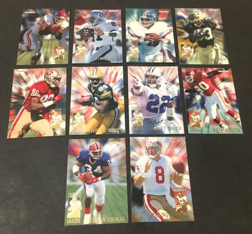 Juego de 10 inserciones de líderes de la liga de fútbol Fleer 1994 E Smith Elway Rice Young