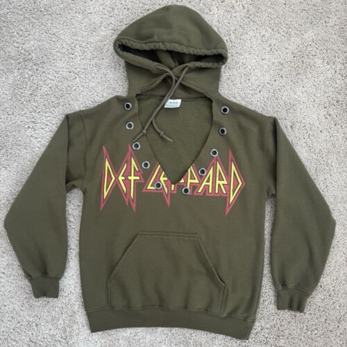 Def Leppard Sweatshirt Women’s Small Open Front Kangaroo Pocket Olive Hoodie