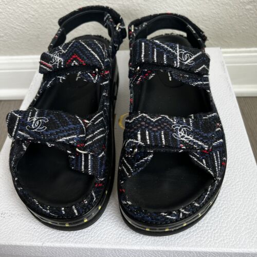 Chanel Black Tweed Dad Sandals CC Logo Size 38.5 8.5 9 LED