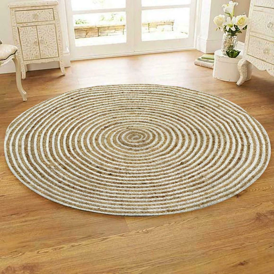 Rug Jute & Cotton Natural Braided Reversible Carpet Modern Area Rug White+ Beige - Image 3 of 4