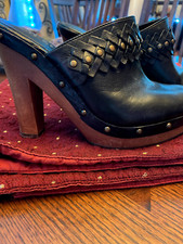 Ralph Lauren Vintage Black Leather Mule Wood Heels 8 Never Worn Outside