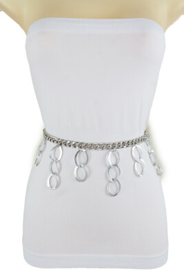 Women Silver Metal Chain Link Belt Narrow Waistband Dangle Ring Charms M L XL