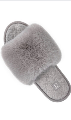 Ladies Long Bay Fuzzy Faux Fur Memory Foam Slide Spa Cozy
