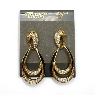 Vintage Trifari Black Enamel Clear Rhinestone Goldtone Teardrop Drop Earrings