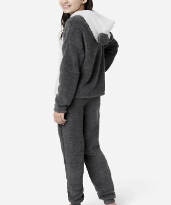 Justice Girls Hooded Sherpa Panda Pajamas 3-Piece PJ Set w/Panda Sleepover Plush