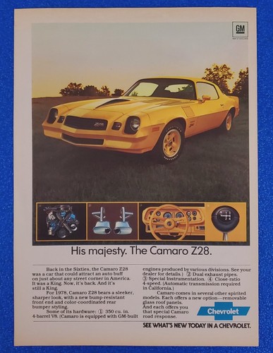1978 CHEVY CAMARO Z28 ORIGINAL COLOR PRINT AD CLASSIC CHEVROLET MUSCLE CAR GEN 2