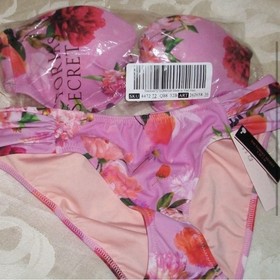 NWT Victoria Secret 32B Violet Peach Floral Bandeau Swimsuit Bikini Set 