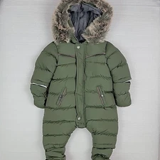 Tartine et Chocolat Baby Khaki Green Hooded Bunting Puffy Snowsuit Faux Fur 3M