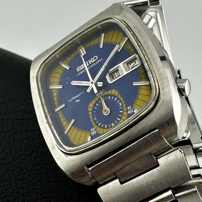 SEIKO Vintage 7016-5011 MONACO 37mm FLYBACK CHRONOGRAPH RARE BLUE & YELLOW DIAL
