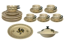 Metlox Poppytrail Rooster Green Rimmed Dish Set 25 Pcs Plates Cups Bowls Platter